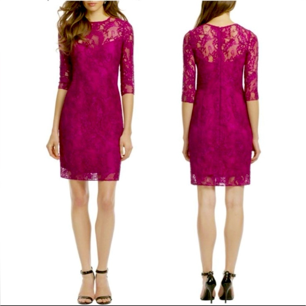Carmen Marc Valvo Botanical Berry Lace Sheath Dress Size 4 RTR